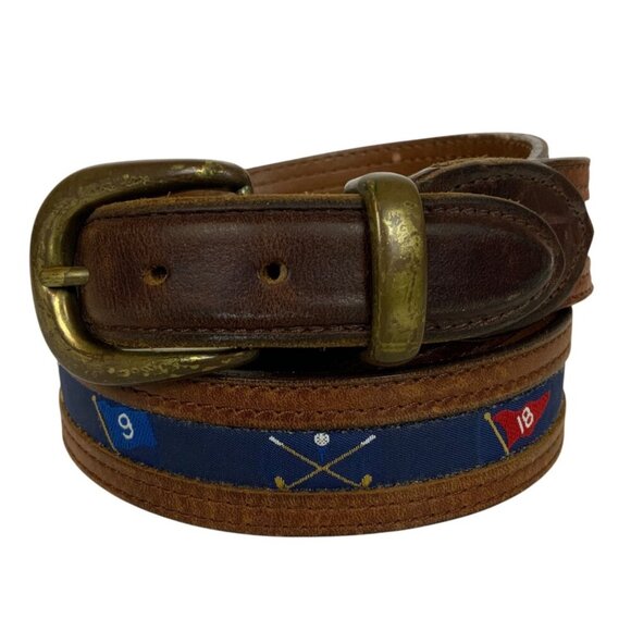 YRI Mens Golf Belt Canvas Leather Tabs Size 42/105 Brown Blue Brass Buckle - Picture 1 of 4